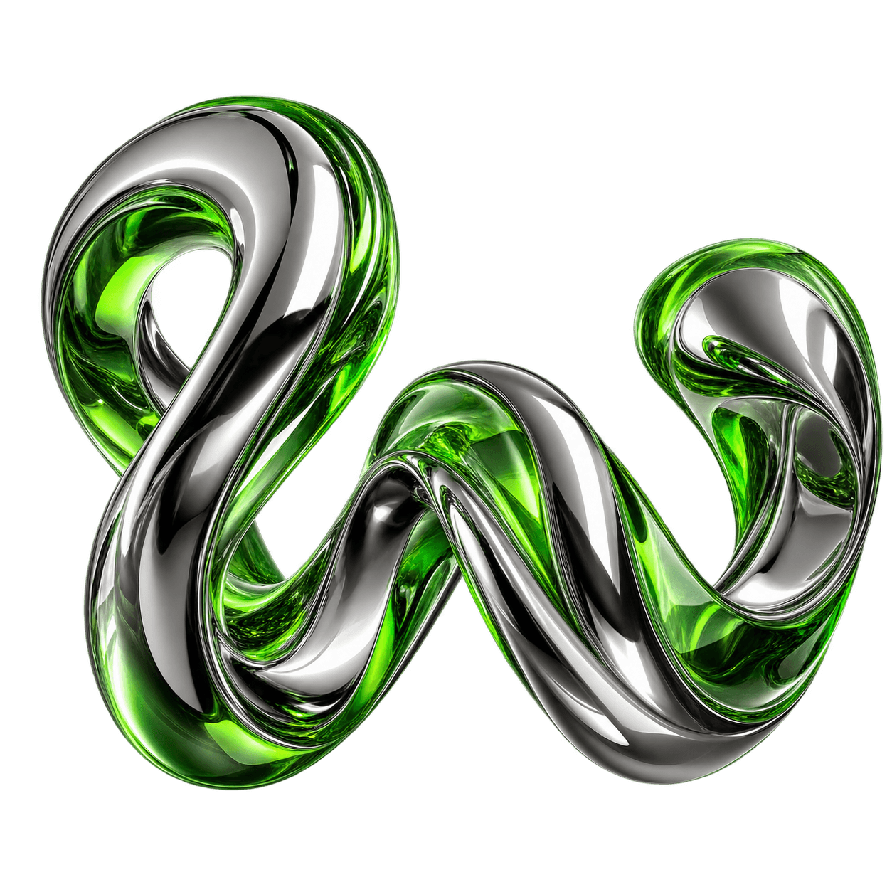 A flowing chrome sculpture with vivid Webbies green glass, twisting into a playful loop