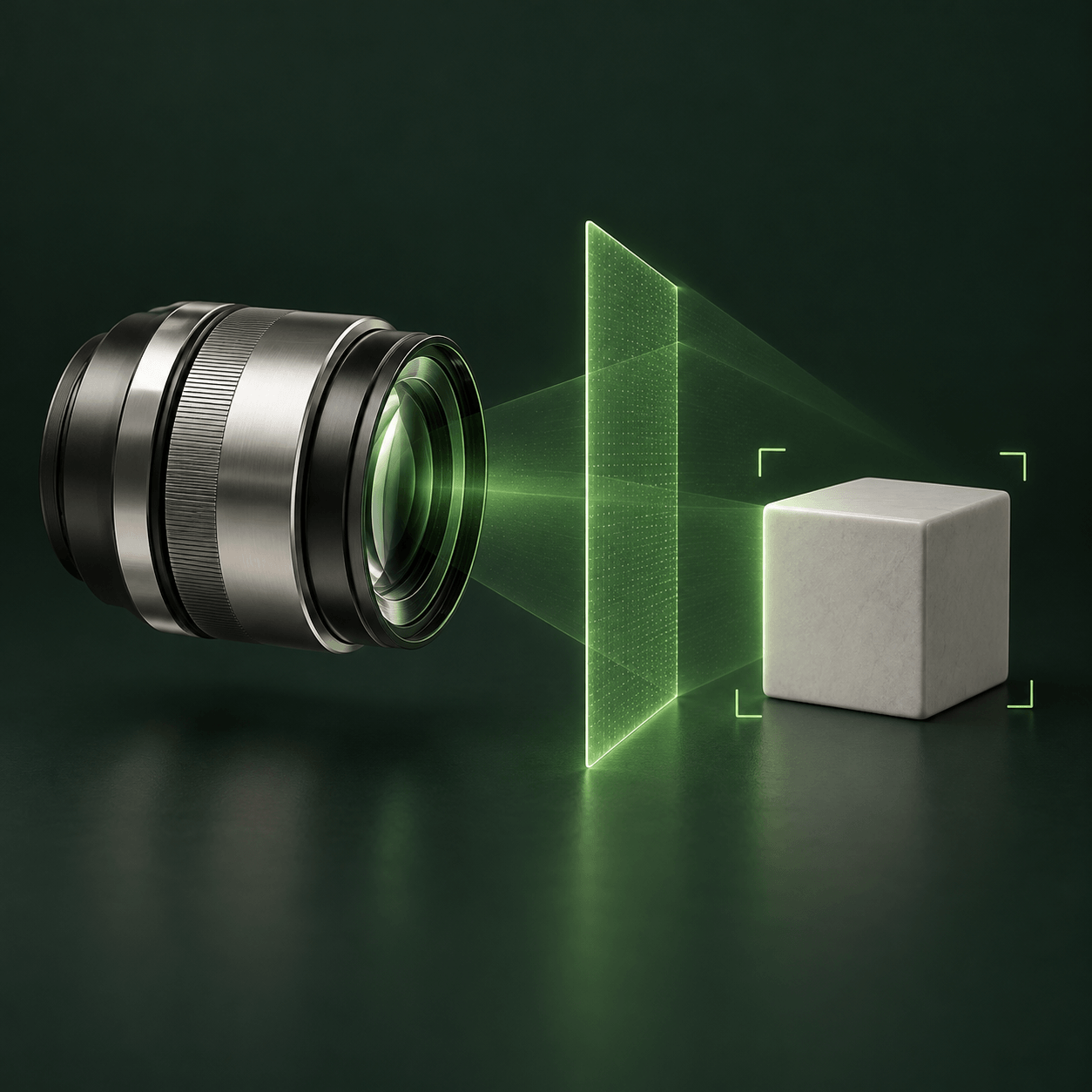 Concept illustration of a precision camera scanning an object through a green detection plane