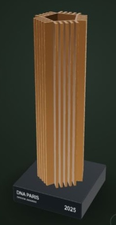 Gold DNA Paris Design Awards trophy with an open fluted column and a black square base