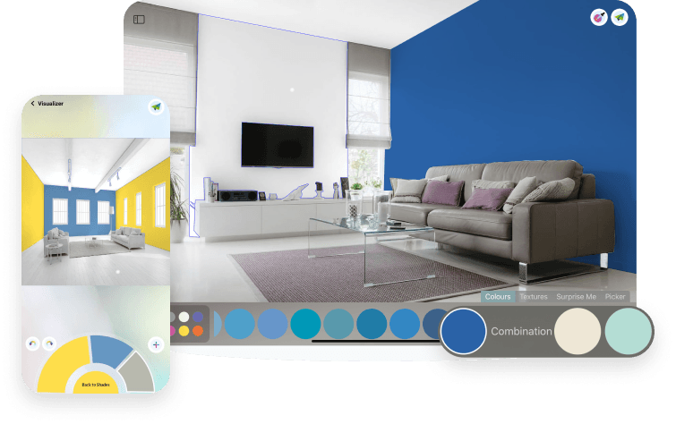 Berger colour wheel and a blue wall preview on mobile and tablet