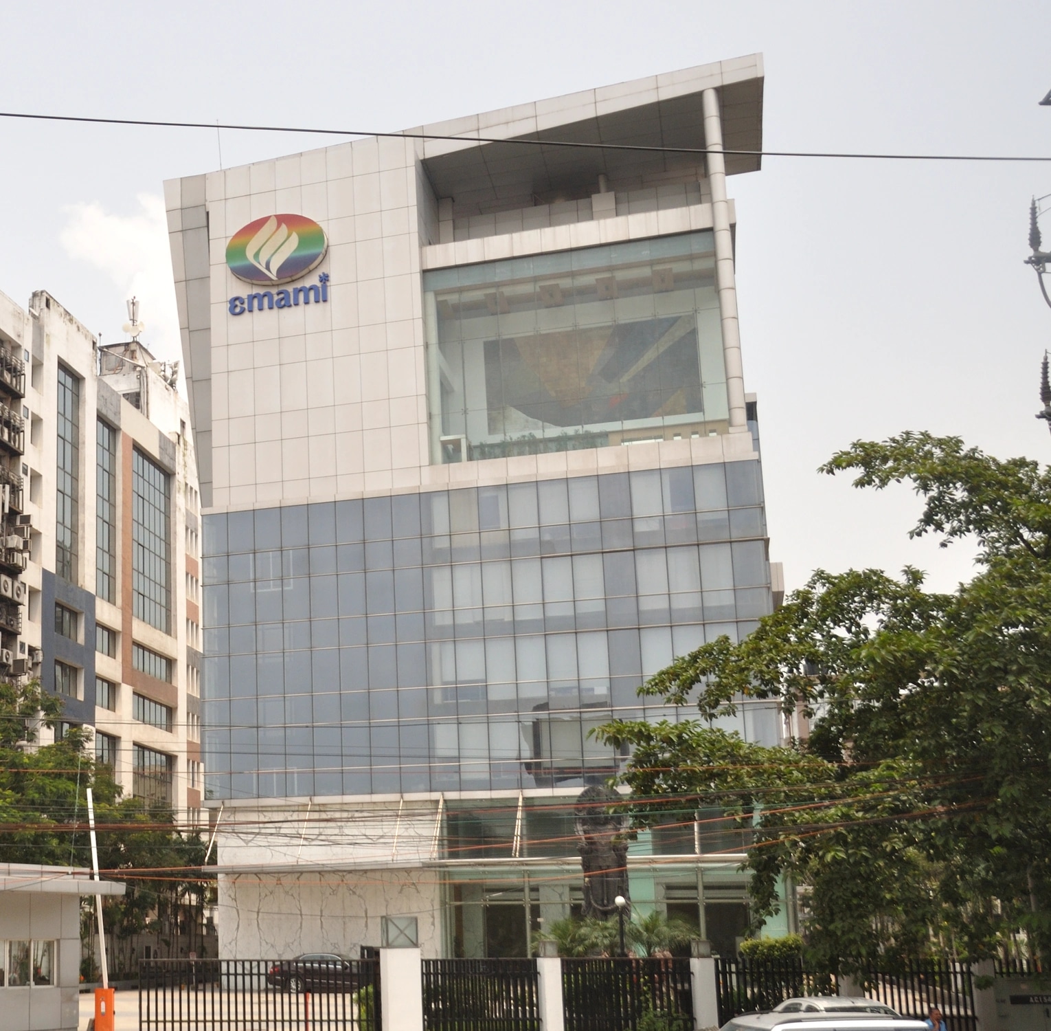 Emami’s colourful emblem and wordmark on the exterior of Emami Tower in Kolkata