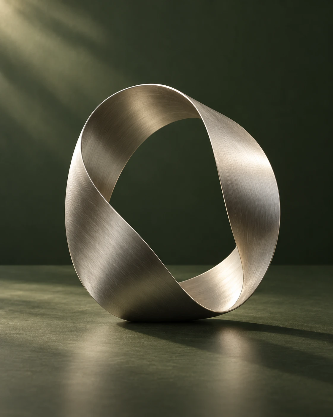 Brushed silver orbital sculpture on a forest-green surface