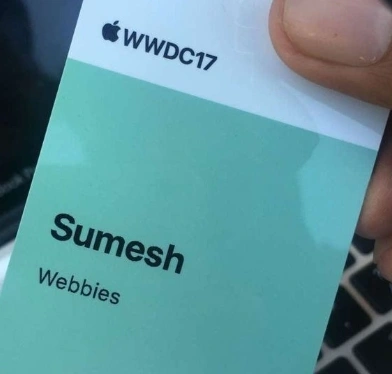 Sumesh Dugar’s Apple WWDC17 attendee badge, with Webbies printed below his name