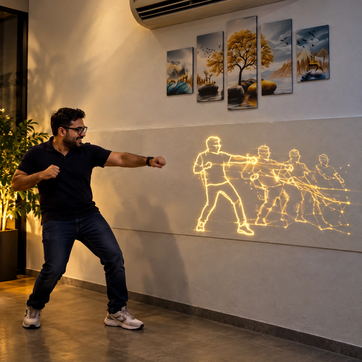 A participant moving beside a warm gold line-art body projection on a wall