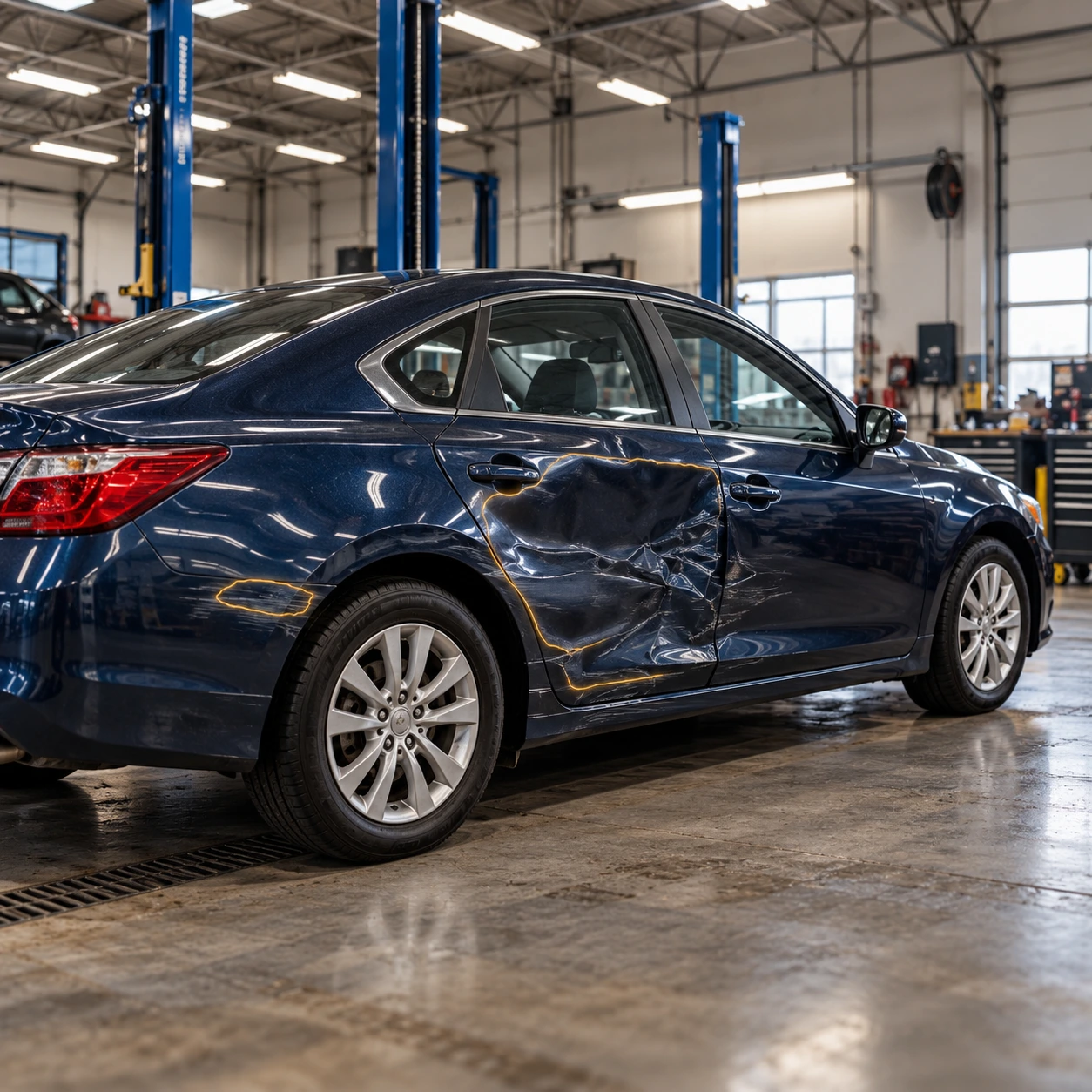 A dented blue sedan in a workshop with subtle damage-inspection contours