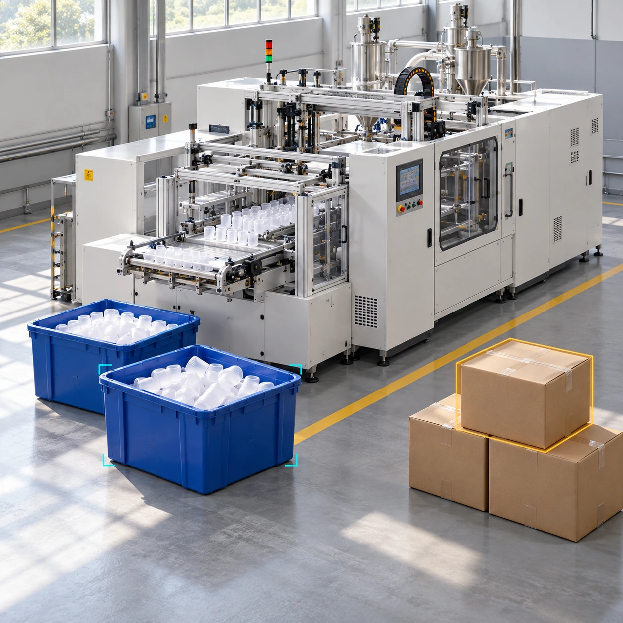 A clean plastic-cup production bay with one main machine, blue bins and subtle tracking outlines