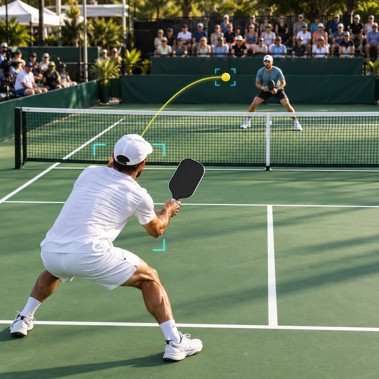 A live pickleball rally with a yellow ball trajectory and subtle player tracking