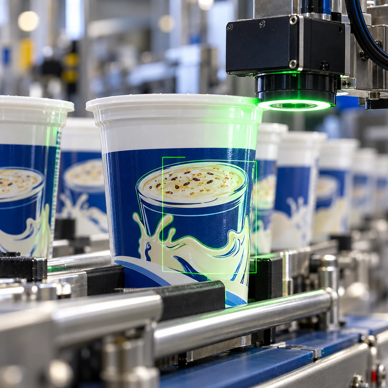 Printed lassi cups on an inspection conveyor with fine print-analysis contours