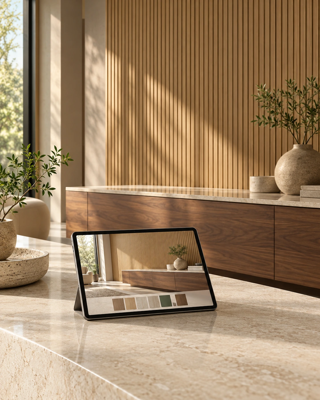 CenturyPly bathroom visualiser presented on a tablet in a softly lit apricot material studio