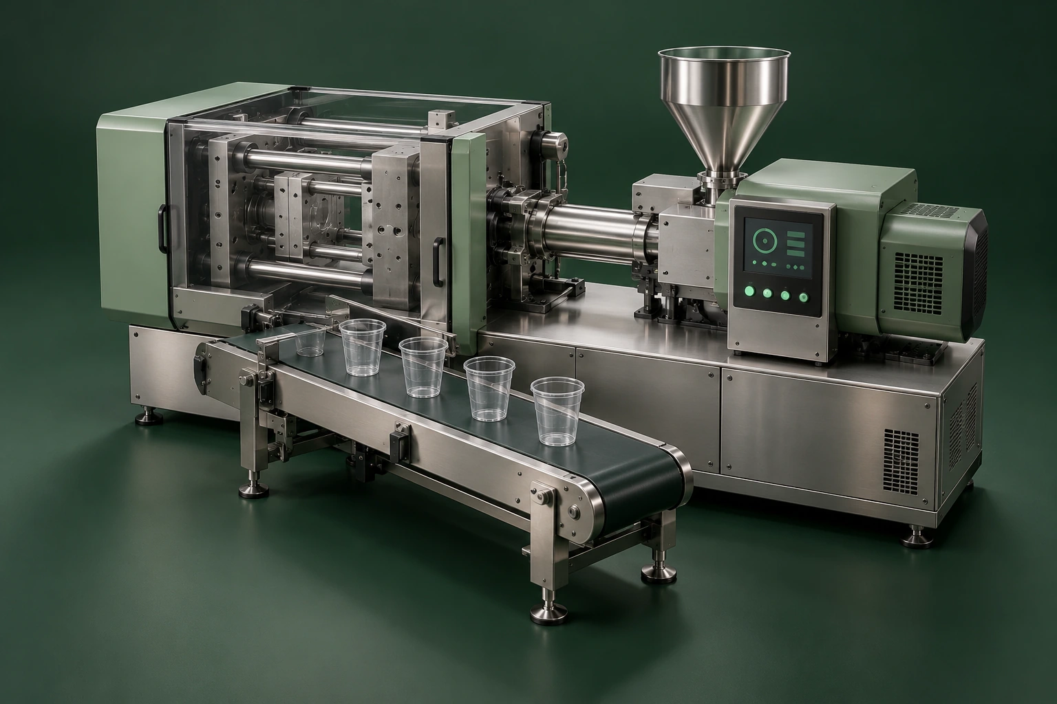 Manufacturing presentation concept with precision cup machinery in soft light on powder blue