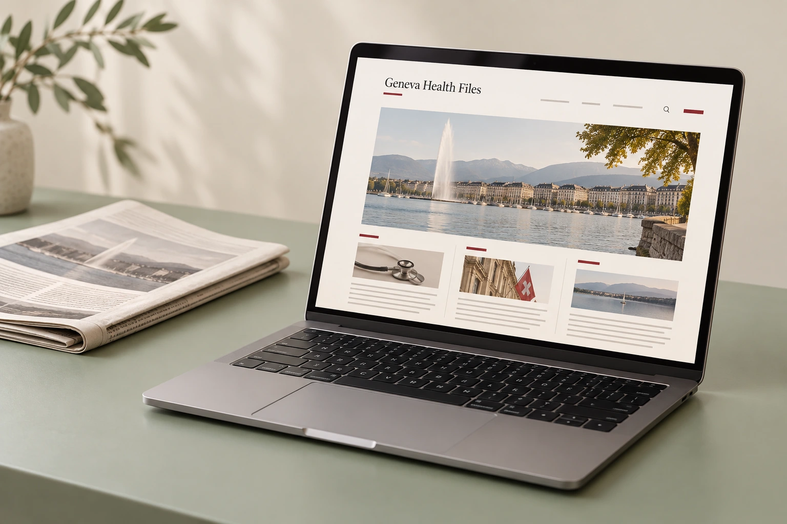 Geneva Health Files website presented on a laptop against a muted pale clay-rose background