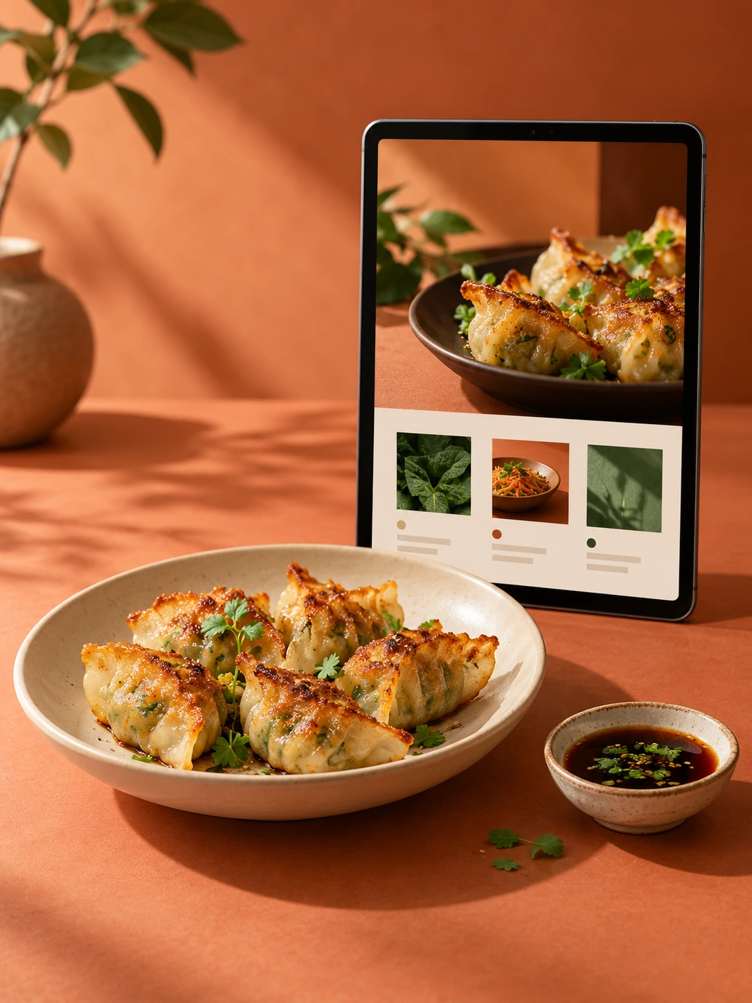 OrienBites website presented with golden dumplings on a softly lit pale butter-yellow surface