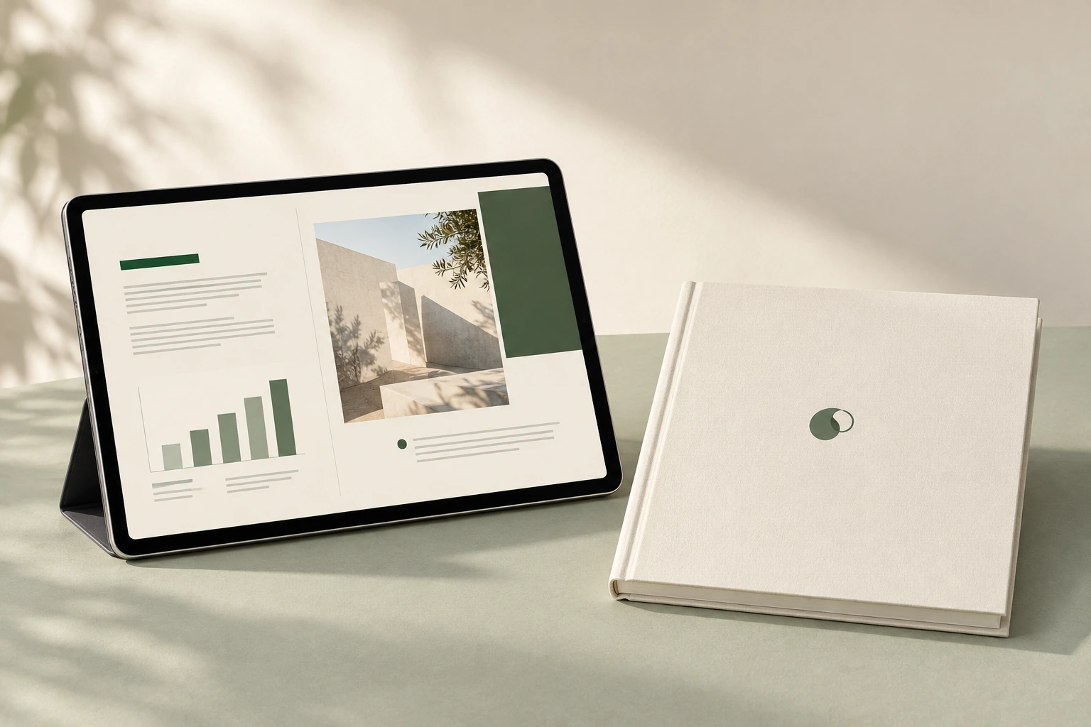 PEP digital annual report presented on a tablet beside an apricot-orange booklet against muted periwinkle