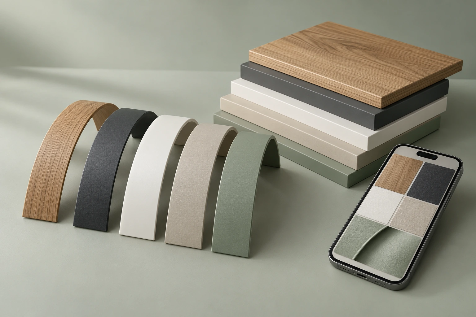 Material lookbook presentation concept with edgebands, finish samples and a phone on pale mist aqua