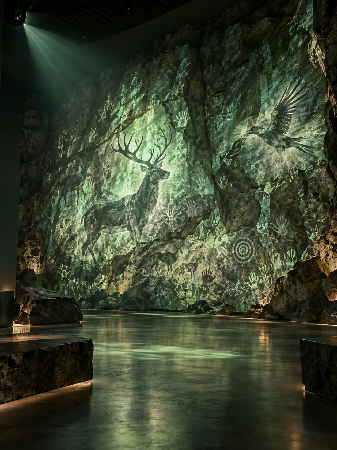 Projection concept based on the supplied prehistoric exhibit, with a leafy tree, blue lagoon, amphibian and scorpion