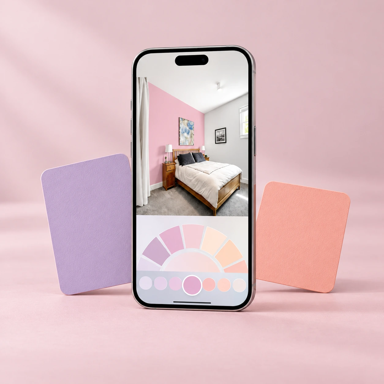 Berger room-colour preview presented on a smartphone against a pale dusty blush backdrop