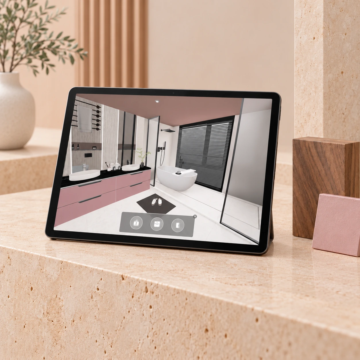 CenturyPly bathroom visualiser presented on a tablet in a softly lit apricot material studio