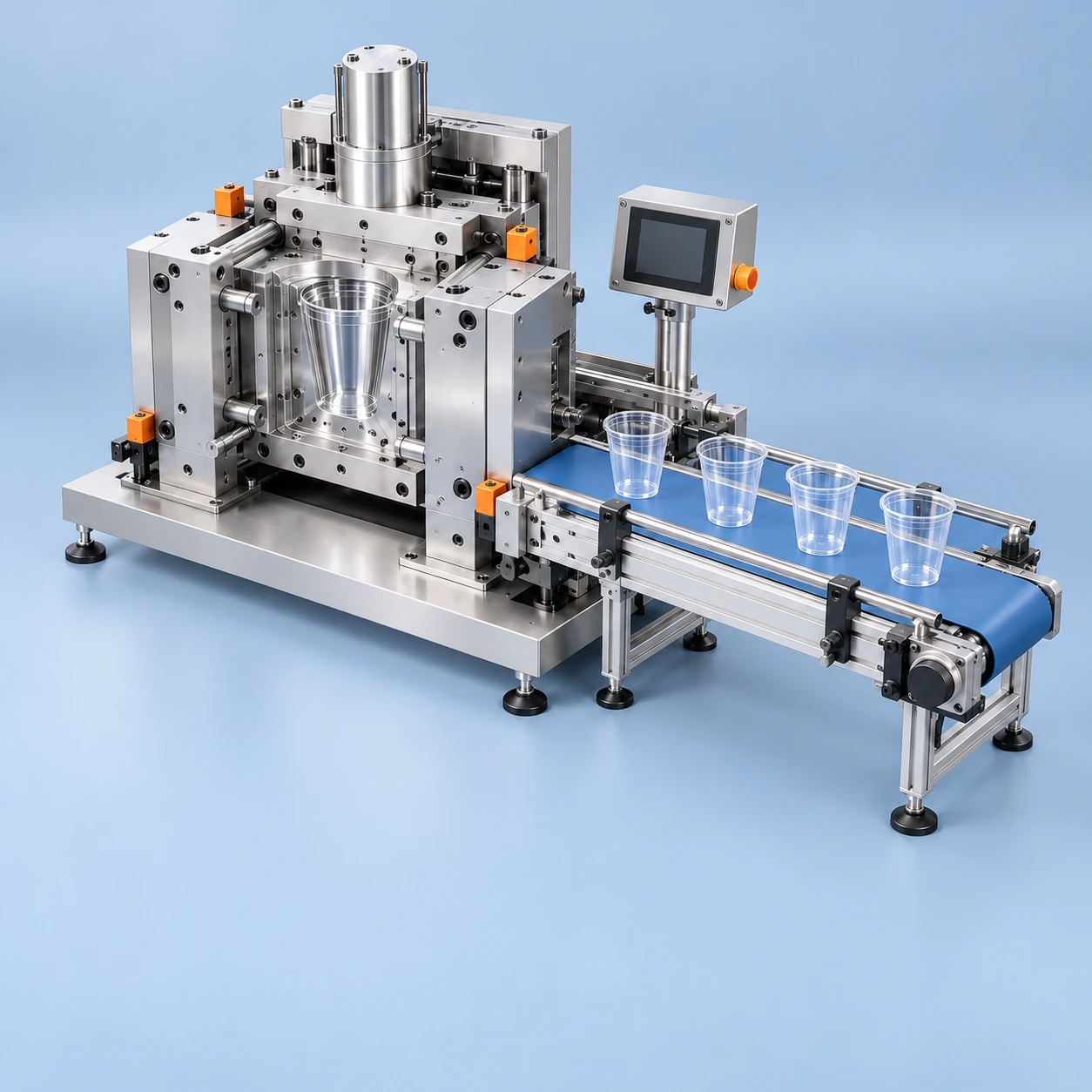 Manufacturing presentation concept with precision cup machinery in soft light on powder blue