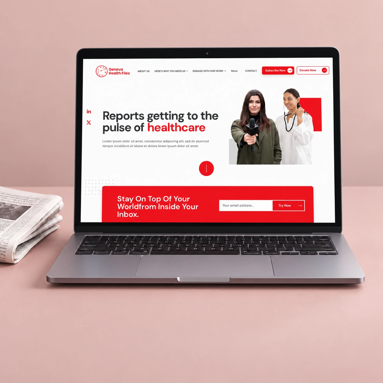 Geneva Health Files website presented on a laptop against a muted pale clay-rose background