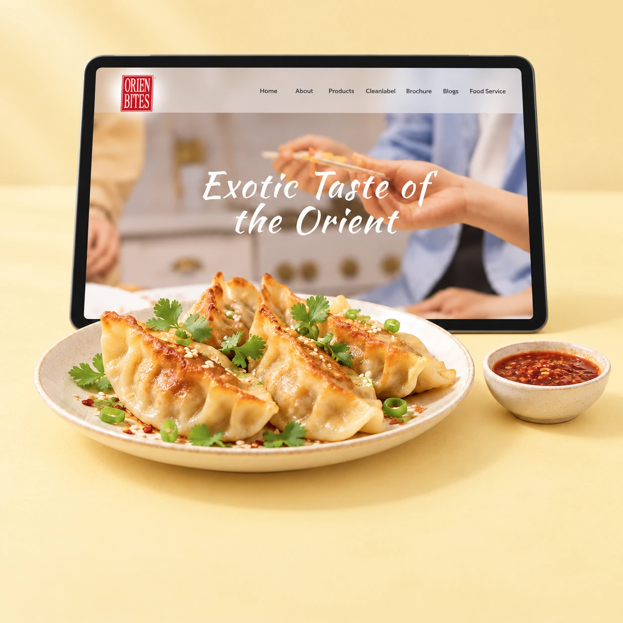 OrienBites website presented with golden dumplings on a softly lit pale butter-yellow surface