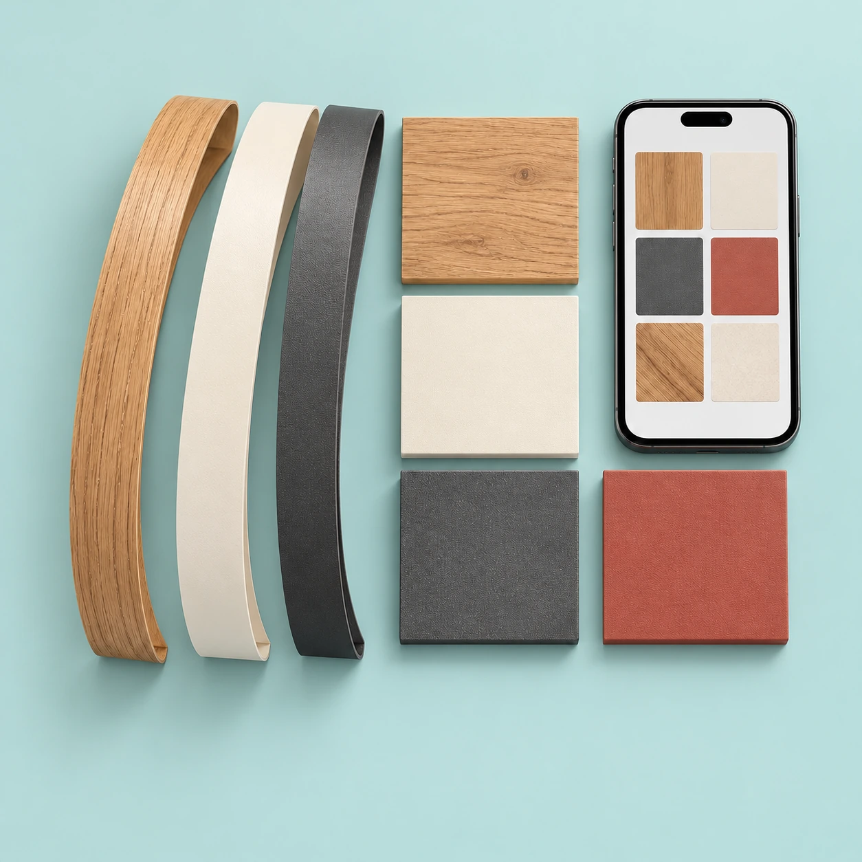 Material lookbook presentation concept with edgebands, finish samples and a phone on pale mist aqua