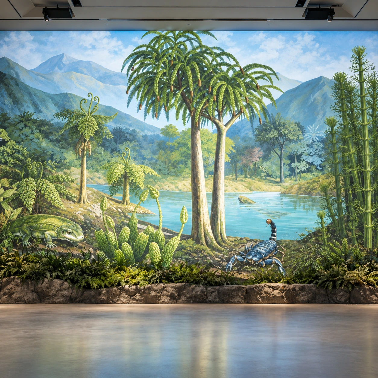 Projection concept based on the supplied prehistoric exhibit, with a leafy tree, blue lagoon, amphibian and scorpion