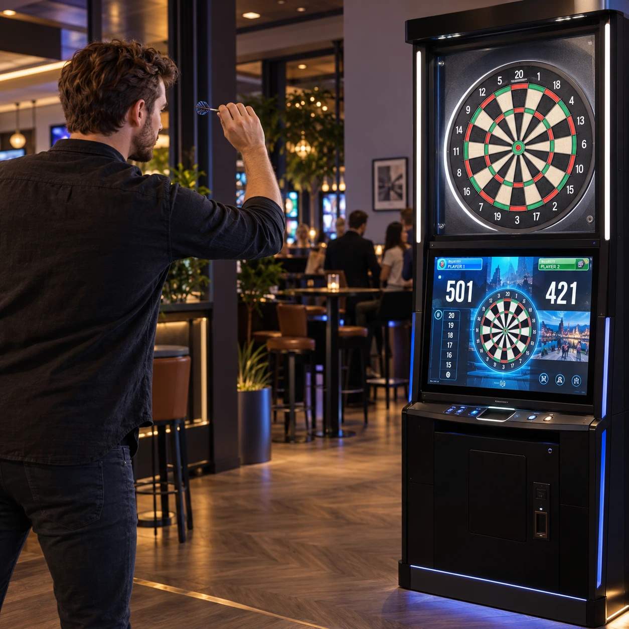A person playing on a commercial arcade darts machine with a dartboard above a large digital scoring screen