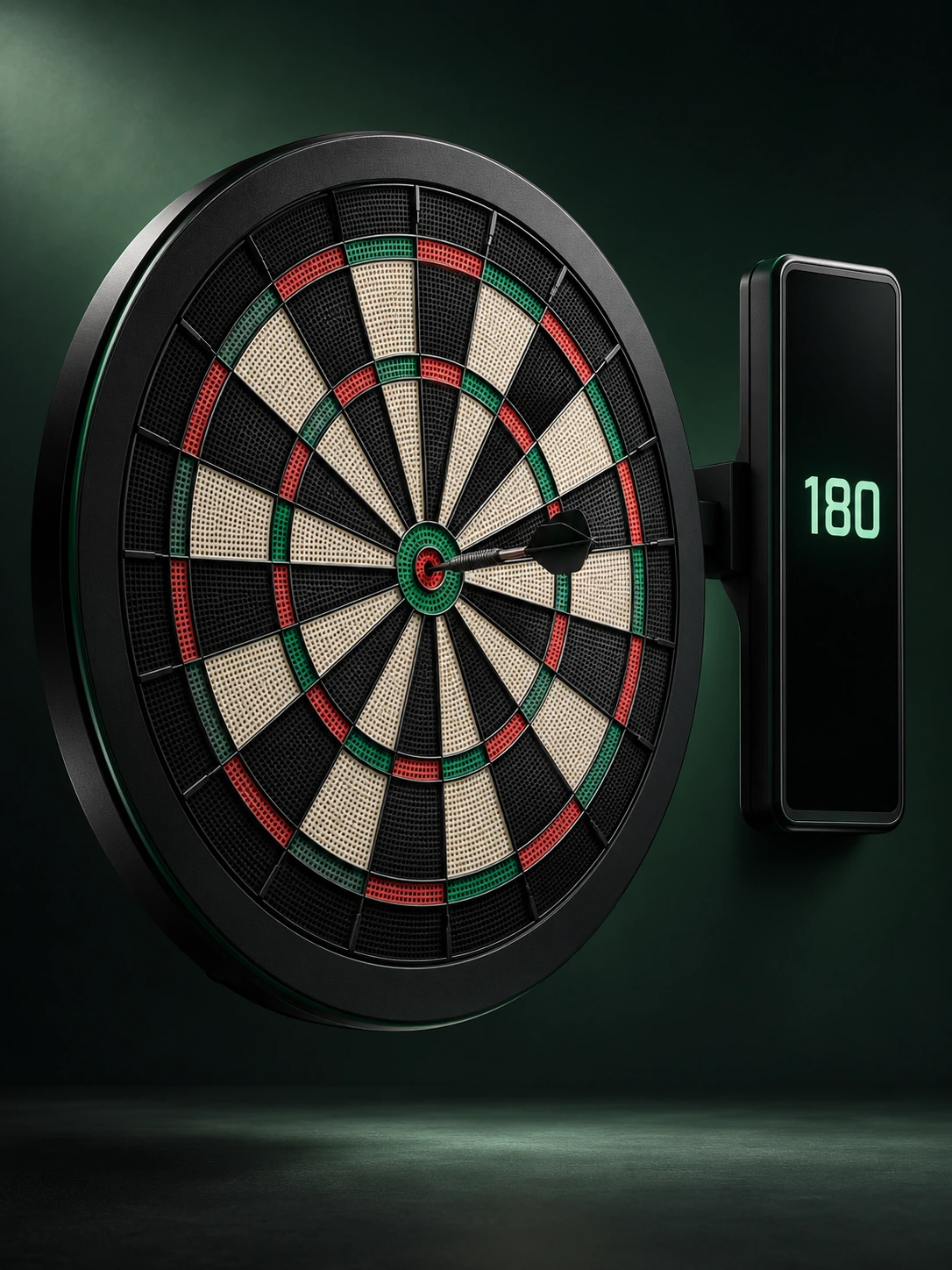A person playing on a commercial arcade darts machine with a dartboard above a large digital scoring screen