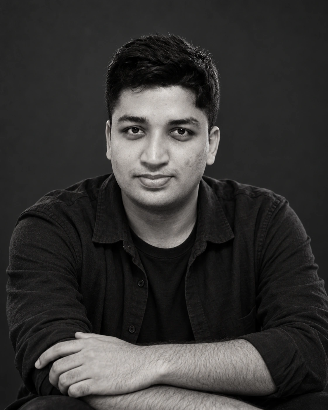 AI-enhanced monochrome portrait of Sumesh Dugar, founder of Webbies