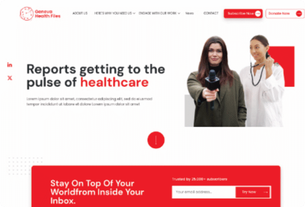 Geneva Health Files editorial website with articles and publication navigation